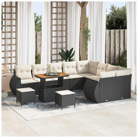 Set di Divano da Giardino con Cuscini da 12 pezzi Nero Polyrattan Acacia, Set da Pranzo da Giardino da 3 pezzi con Cuscini Nero Polyrattan Acacia - Foto 2