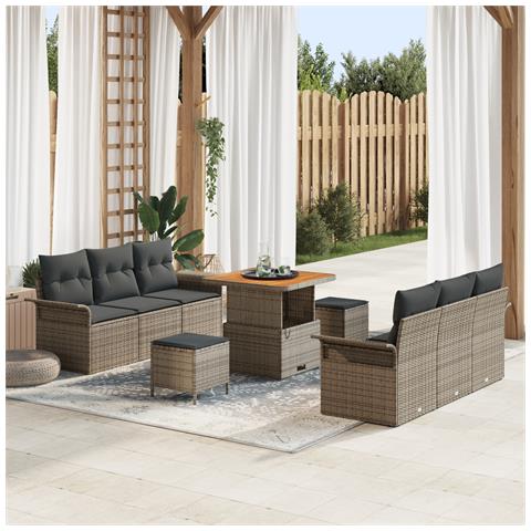 Set Divano da Giardino 9 Pezzi con Cuscini Grigio Rattan Sintetico Acacia,  Divano da Giardino 2 Posti con Cuscini Grigio Rattan Sintetico,  Set da Pranzo da Giardino 3 Pezzi con Cuscini Grigio Rattan Sintetico Acacia - Foto 2