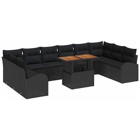 Set Pranzo Giardino 11 Pezzi con Cuscini Polyrattan Nero Acacia - Foto 1