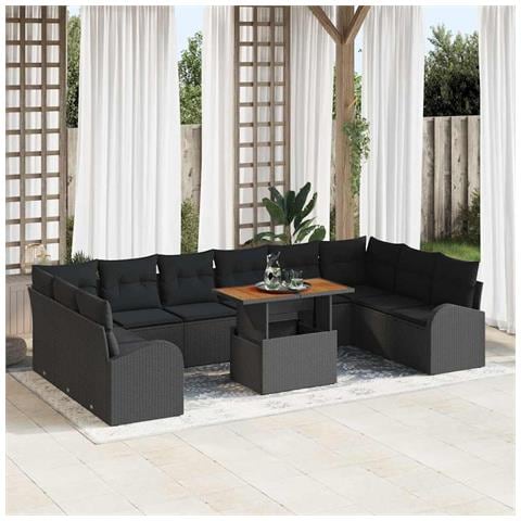 Set Pranzo Giardino 11 Pezzi con Cuscini Polyrattan Nero Acacia - Foto 2