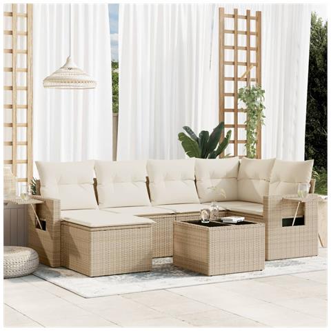 Set Divani da Giardino 7 pz con Cuscini Beige in Polyrattan - Foto 2