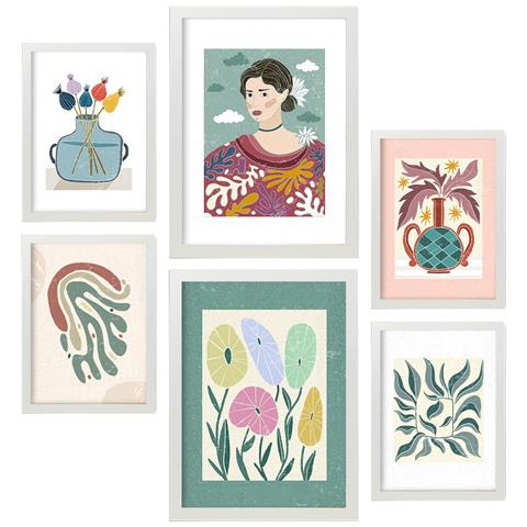 Set Di 6 Stampe Stampa Fiori Nella Collezione Di Cornici Decorative Estetiche Etniche Per La Tua Casa. Stampa Artistica Da Parete. A3 & A4 Cornice Bianca - Foto 1