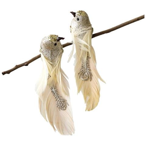 Ornamenti Per Albero Di Natale Con Uccelli Di Piume Dorate - Eleganti Decorazioni A Clip (paio) - Foto 1