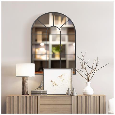 Specchio Moderno A Parete E A Forma Di Arco 91x60 Cm Per Camera Da Letto E Soggiorno, In Metallo Nero E Vetro - Foto 6