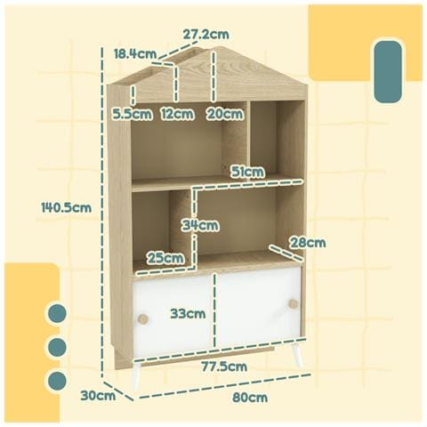 Libreria per Bambini in Legno con Ripiani Aperti e Armadietto Inferiore, 80x30x140.5 cm, Bianco e color Legno - Foto 2