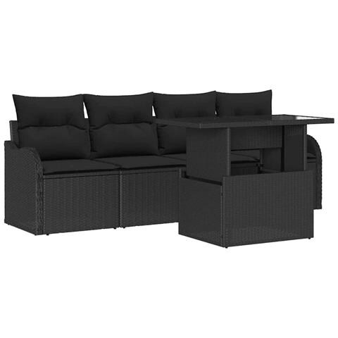 Set da Giardino 5 Pezzi con Cuscini Rattan Polietilene Nero, Divano da Giardino 2 Posti con Ripostiglio & Cuscini Rattan Polietilene Nero - Foto 1