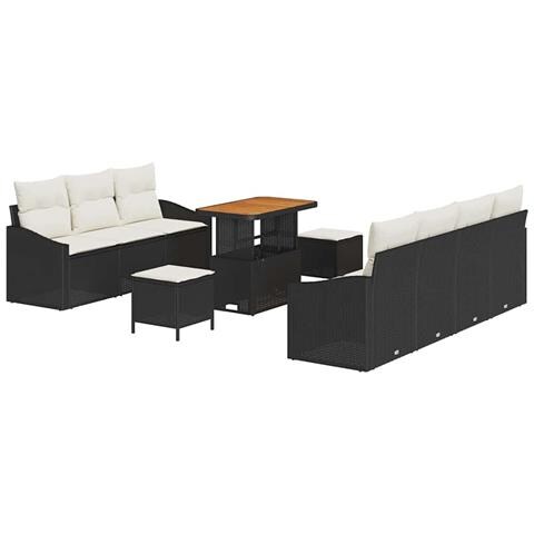 Set di divani da giardino da 10 pezzi con cuscini neri in polyrattan e acacia, Divano da giardino a 2 posti con cuscini neri in polyrattan, Set da pranzo giardino da 3 pezzi con cuscini neri in polyrattan e acacia - Foto 1