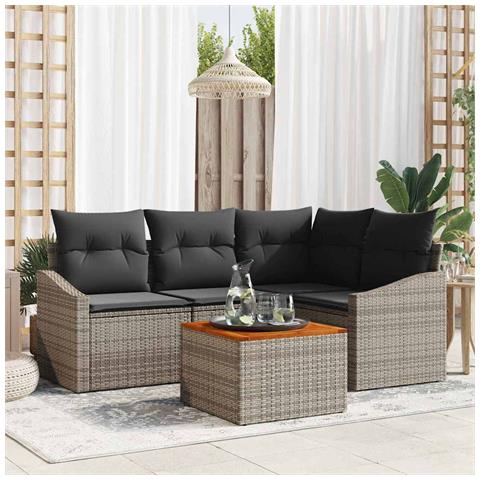 Set Divano da Giardino 5 Pezzi con Cuscini Grigio Polirattan Acacia - Foto 2