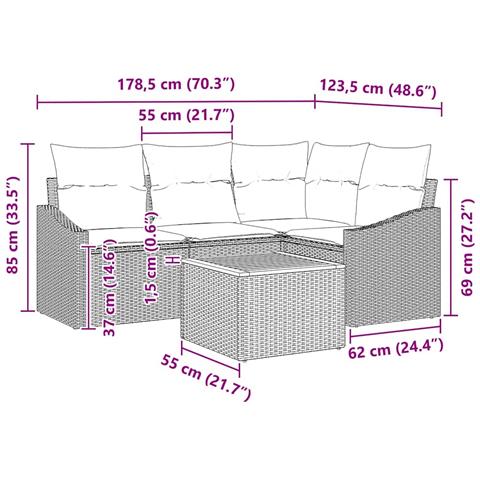 Set Divano da Giardino 5 Pezzi con Cuscini Grigio Polirattan Acacia - Foto 9