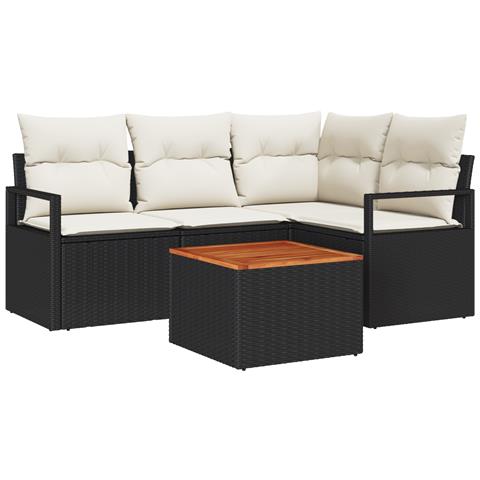 Set divano da giardino 5 pezzi con cuscini in polyrattan nero e acacia - Foto 1