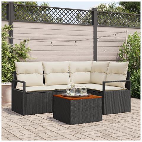 Set divano da giardino 5 pezzi con cuscini in polyrattan nero e acacia - Foto 2
