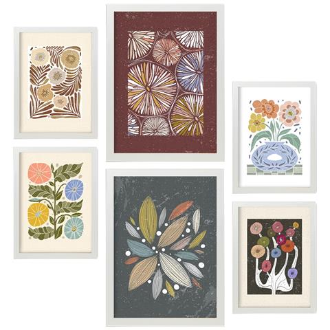 Set Di 6 Stampe Stampe Di Fiori Nella Collezione Di Stampe Etniche Cornici Decorative Estetiche Per La Stampa Artistica Da Parete Della Tua Casa A3 & A4 Cornice Bianca - Foto 1
