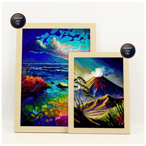 Set Di 6 Stampe Montagne In Stile Dipinto A Olio. Illustrazioni Di Monumenti E Città In Stile Fotografico A Colori. A3 & A4 Telaio In Legno Chiaro - Foto 2