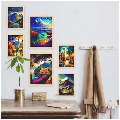 Set Di 6 Stampe Montagne In Stile Dipinto A Olio. Illustrazioni Di Monumenti E Città In Stile Fotografico A Colori. A3 & A4 Telaio In Legno Chiaro - Foto 5