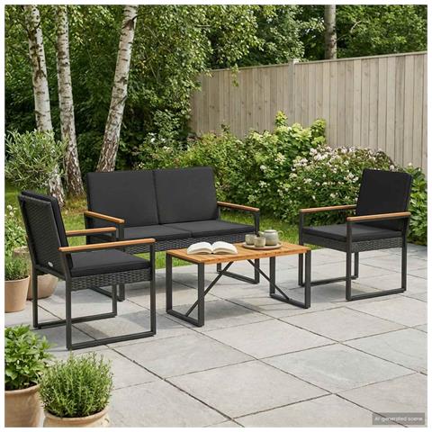 Set Mobili da Esterno con cuscino 4 pcs Nero polyrattan - Foto 2