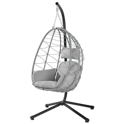 Poltrona Sospesa Giardino Sedia Dondolo Amaca Pensile Rannat E Metallo Grigio - Foto 2