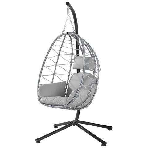 Poltrona Sospesa Giardino Sedia Dondolo Amaca Pensile Rannat E Metallo Grigio - Foto 5
