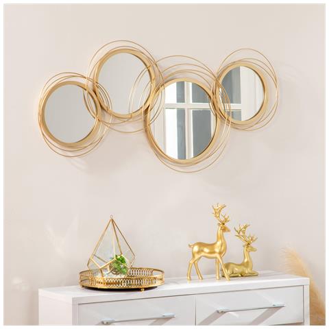 Decorazione Murale 3d In Metallo, Wall Art A Cerchi Con Specchi 107x56cm, Oro - Foto 2