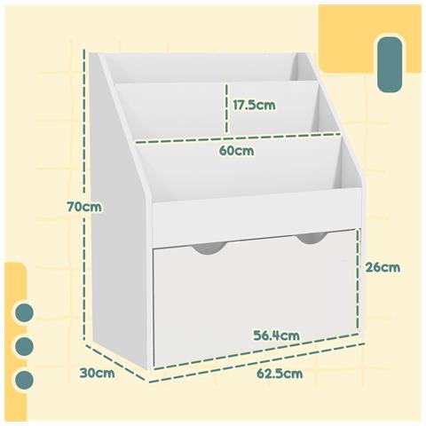 Libreria per Bambini 3-8 Anni a 3 Ripiani con Cassetto Inferiore, in MDF, 62.5x30x70 cm, Bianco - Foto 2