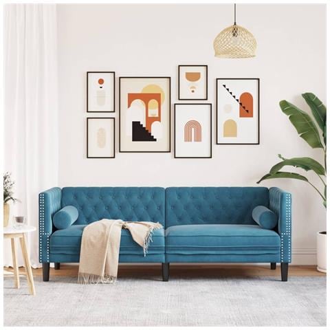 Divano Chesterfield Con Rinforzi 3 Posti Blu In Velluto - Foto 3
