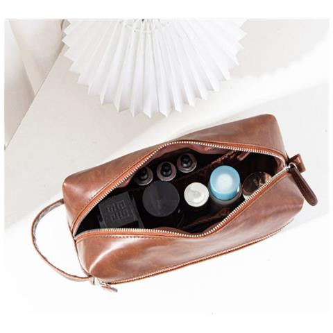 Borsa Da Toilette Da Uomo, Borsa Da Viaggio In Pelle Pu Con Manico Darkbrown - Foto 2