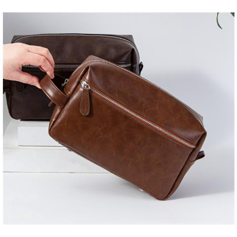Borsa Da Toilette Da Uomo, Borsa Da Viaggio In Pelle Pu Con Manico Darkbrown - Foto 13