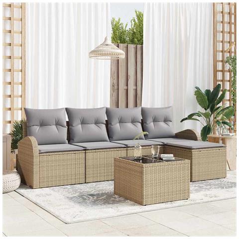Set da Giardino 6 Pezzi  con Cuscini Rattan Polimerico Neri, Divano da Giardino 2 Posti  con Contenitore e Cuscini Beige in Poli Rattan - Foto 2