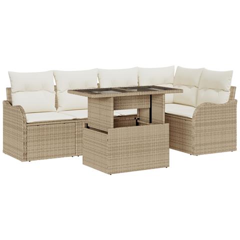Set di divani da giardino  6 pezzi con cuscini in polyrattan beige, Divano da giardino  2 posti con cuscini in polyrattan beige - Foto 1