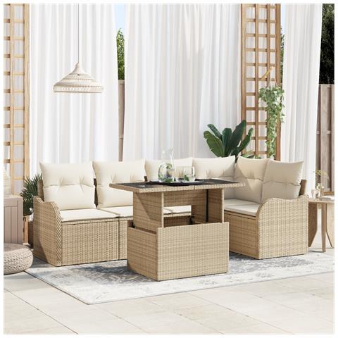 Set di divani da giardino  6 pezzi con cuscini in polyrattan beige, Divano da giardino  2 posti con cuscini in polyrattan beige - Foto 2