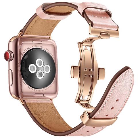 Cinturino Per Apple Watch 38/40/41mm Vera Pelle Chiusura Pieghevole, Rosa - Foto 8