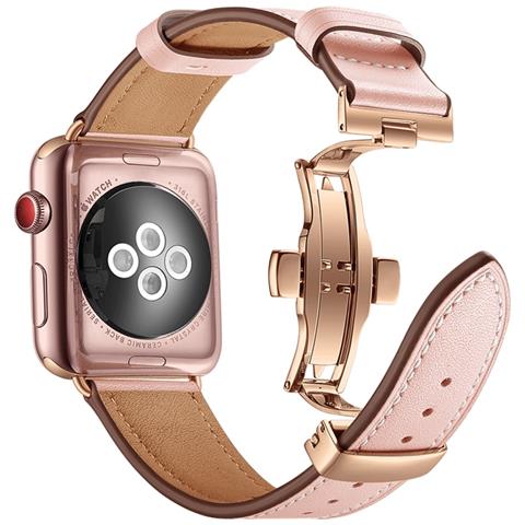 Cinturino Per Apple Watch 38/40/41mm Vera Pelle Chiusura Pieghevole, Rosa - Foto 2