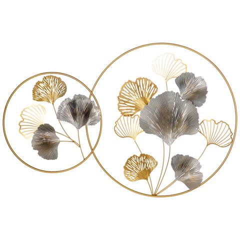 Decorazione Murale 3d In Metallo, Wall Art Dorata Con Ginkgo In Due Cornici Rotonde, 138x70 Cm, Oro E Argento - Foto 1