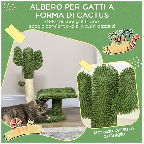 Albero Per Gatti A Forma Di Cactus Con Tiragraffi E Pallina Da Gioco, 35x31x55.5 Cm, Verde E Bianco - Foto 2