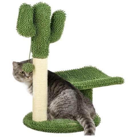 Albero Per Gatti A Forma Di Cactus Con Tiragraffi E Pallina Da Gioco, 35x31x55.5 Cm, Verde E Bianco - Foto 1