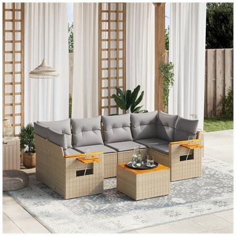 Set Divani da Giardino 7 pz con Cuscini Beige in Polyrattan - Foto 8