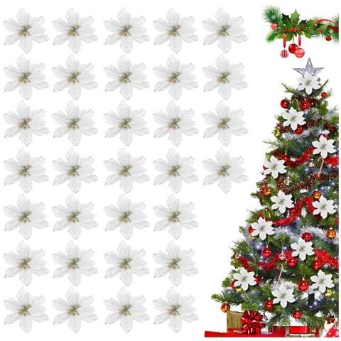 Set Di Fiori Artificiali Per Decorazione Albero Di Natale 32 Pezzi Argento - Foto 1