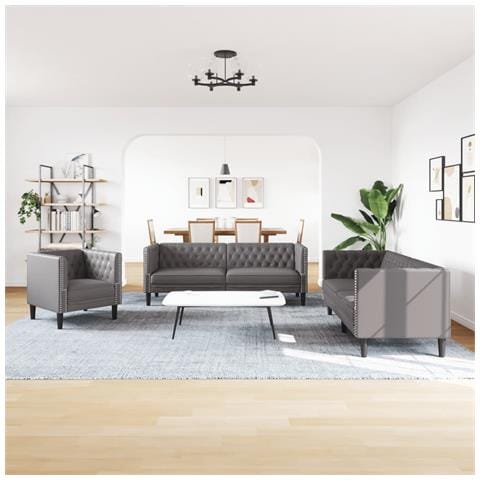 Set Divani Chesterfield 3pz Grigio In Similpelle - Foto 3