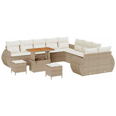 Set di divani da giardino 13 pezzi con cuscini beige in polyrattan e acacia, Set da pranzo da giardino 3 pezzi con cuscini beige in polyrattan e acacia - Foto 1