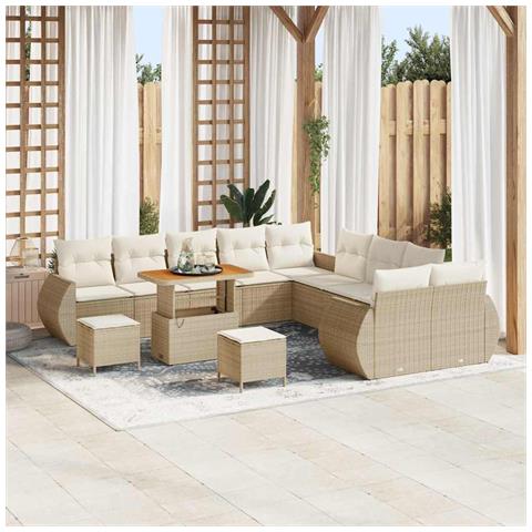 Set di divani da giardino 13 pezzi con cuscini beige in polyrattan e acacia, Set da pranzo da giardino 3 pezzi con cuscini beige in polyrattan e acacia - Foto 2
