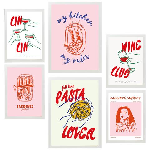 Set Di 6 Stampe Illustrazioni Decorative Di Cibo E Pasti In Stile Pop Art Nei Toni Del Rosa. Illustrazioni Incorniciate. A3 & A4 Cornice Bianca - Foto 1