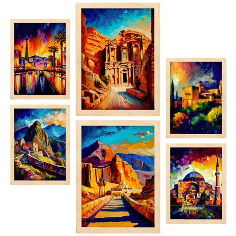Set Di 6 Stampe Terra Dipinta A Olio. Illustrazioni Di Monumenti E Città In Stile Fotografico A Colori. A3 & A4 Telaio In Legno Chiaro - Foto 1