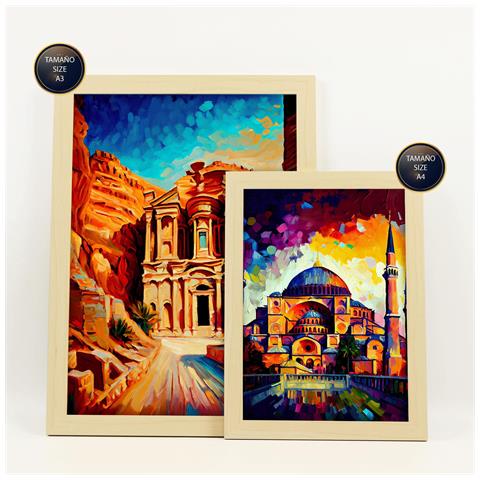 Set Di 6 Stampe Terra Dipinta A Olio. Illustrazioni Di Monumenti E Città In Stile Fotografico A Colori. A3 & A4 Telaio In Legno Chiaro - Foto 2