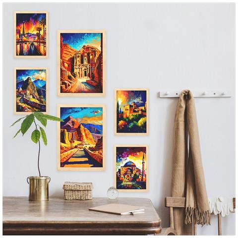 Set Di 6 Stampe Terra Dipinta A Olio. Illustrazioni Di Monumenti E Città In Stile Fotografico A Colori. A3 & A4 Telaio In Legno Chiaro - Foto 5