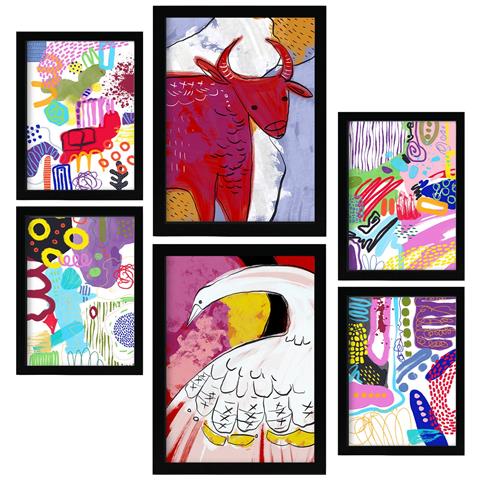 Set Di 6 Stampe Si Distingue 2 In Animali Astratti Dipinti Decorativi Estetici Per Il Tuo Soggiorno, Camera Da Letto, Casa A3 & A4 Cornice Nera - Foto 1