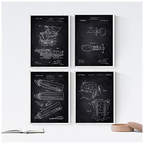 Set Di 4 Stampe Nero Fogli Con I Brevetti Dei Bambini. Poster Con Invenzioni E Vecchi Brevetti. Scegli Il Colore Che Ti Piace Di Più Senza Cornice A4 - Foto 1