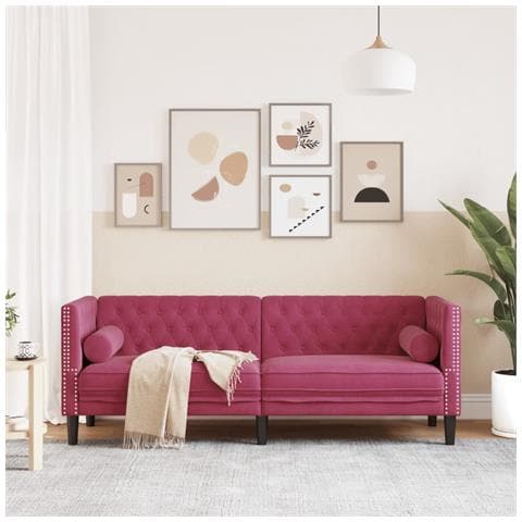 Divano Chesterfield Con Rinforzi 3 Posti Rosso Vino In Velluto - Foto 3