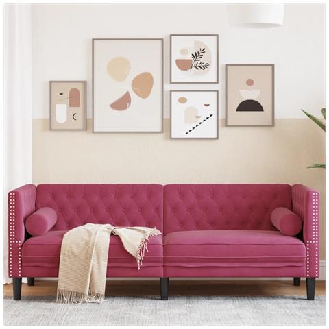 Divano Chesterfield Con Rinforzi 3 Posti Rosso Vino In Velluto - Foto 1