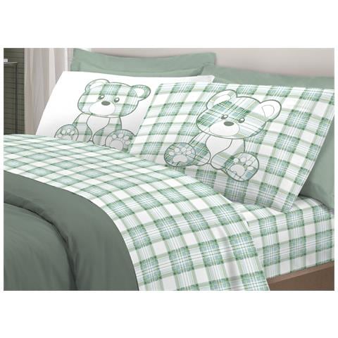 Completo Lenzuola Linea Pensieri Delicati 100% Cotone Orsetto Tartan Primavera Piazza E Mezza Verde - Foto 1