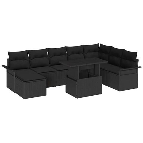 Set Divano da Giardino 9 Pezzi con Cuscini in Polyrattan Nero - Foto 1