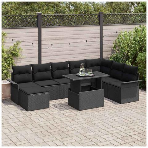 Set Divano da Giardino 9 Pezzi con Cuscini in Polyrattan Nero - Foto 2